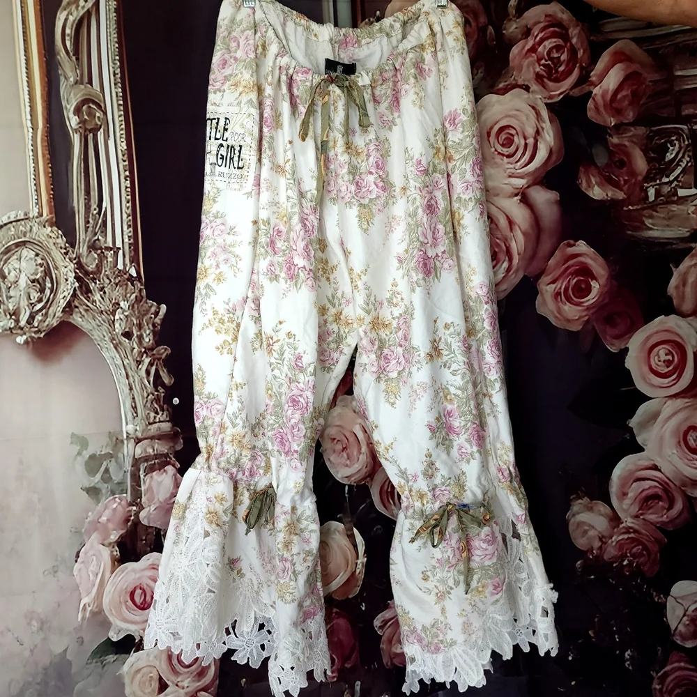 Victorian Shabby Bloomers Ruffle Pants Rose Print Like Boho Print Rose - Picture 1 of 17